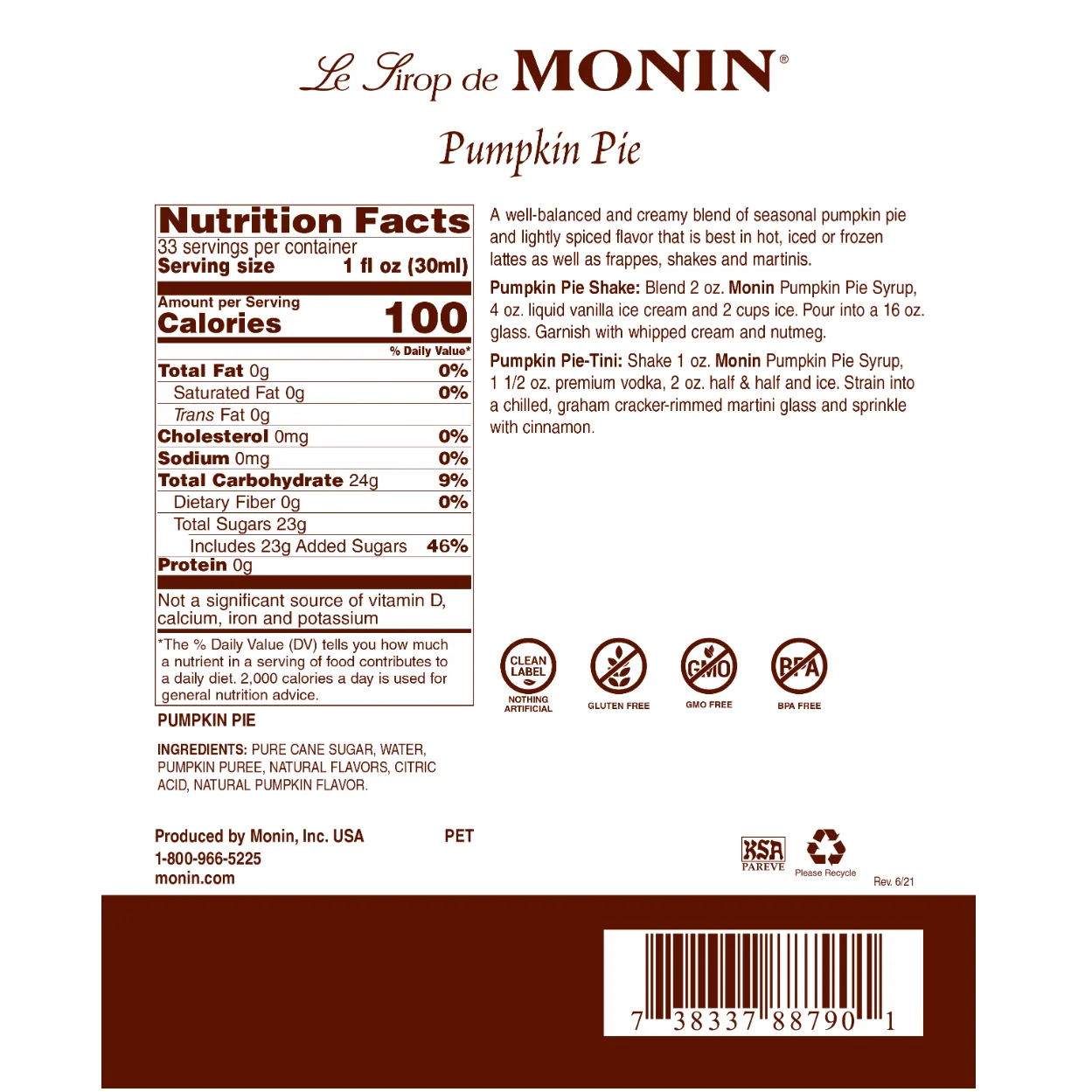 Monin Pumpkin Pie Syrup — Bottle - Image 2